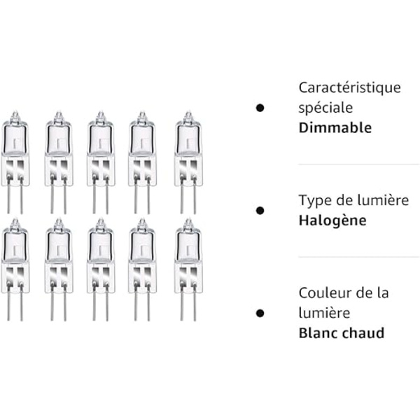 G4 Halogenpærer  G4 Halogen Pin Base Lampe 12V 20W  2800K Varm Hvit Dimbar G4 Transparent Kapsel Lampe Pakke med 10 [Energiklasse C]