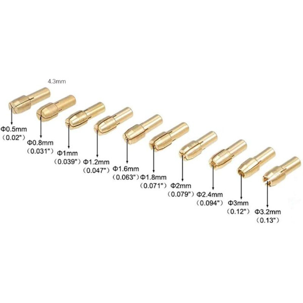 10 st mässingsborrchuck precision 0,5-3,2 mm mässingshylschuck roterande verktyg samla chuckhållare elektrisk slipmaskin borr 4,3 mm skaftdiameter