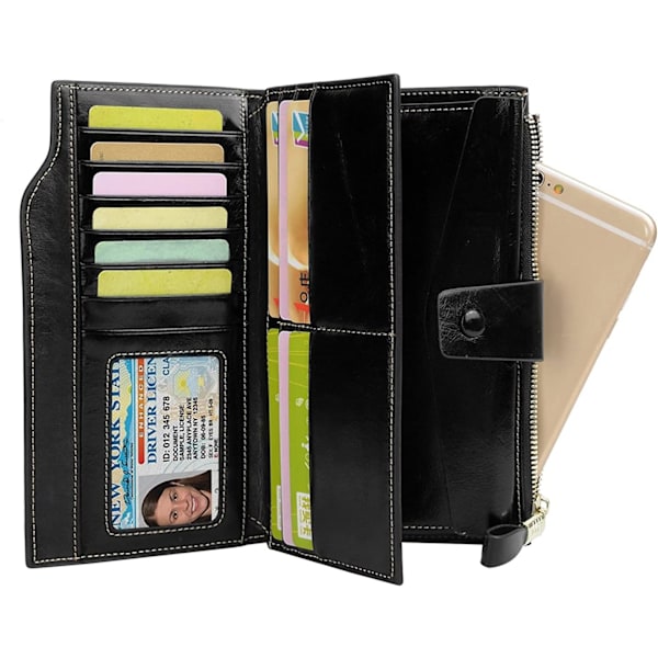Damepung RFID Blokerende Ægte Læderpung Bifold Wallet Sort