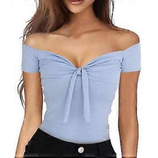 Dame Off Shoulder Topp Kort Erm Tie Front T-skjorte Bluse for Daglig Dating Shopping Reise (blåS) blue S