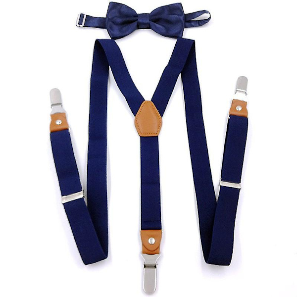 Herr Bow Tie Suspender Set Läder Knapphål Y-formade Klämmor (Marinblå)