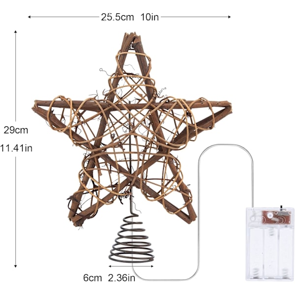 Stjerne til toppen af juletræet 10\" Rustikt naturligt rattan med 10 varme