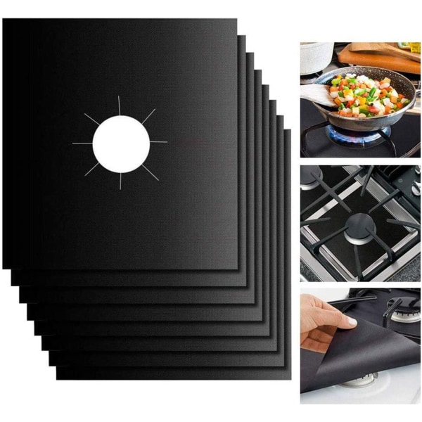 8 stk. genanvendelige gasbrænderdæksler, non-stick, varmebestandige, sorte, 27 x 27 cm, tykke