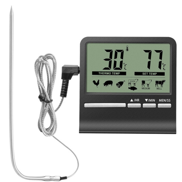1 STK Digital kökstermometer med sond Stor LCD-skärmstimer och förinställda temperaturtermometrar för att baka grill och kött