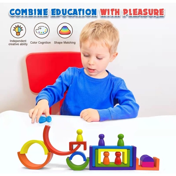 Träleksaker Rainbow Stacking Blocks-Montessori Leksaker Byggblock