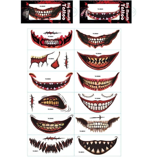 12 sarjaa Halloween Clown Horror Mouth Bar Tatuointitarroja Hymyileviä huulitarroja, Väliaikaisia ​​tatuointimeikkitarroja