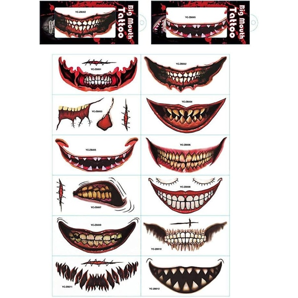 12 Sets Of Halloween Clown Horror Mouth Bar Tattoo Stickers Smiling Lip Stickers, Temporary Tattoo Makeup Props