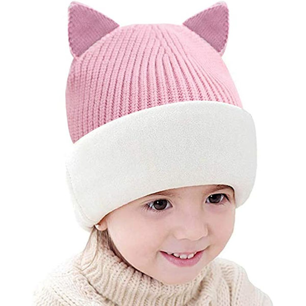 Varme vinterluer og skjerf for barn, varm strikket lue og sirkelskjerf med fleecefôr for jenter, 1-5 år rosa