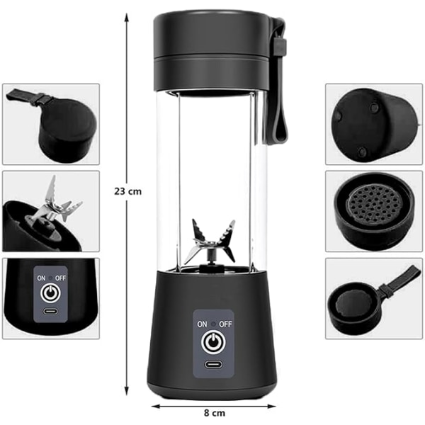 Bærbar Blender Mini Blender Smoothies Shakes Juicer Kopp USB Oppladbar Seks Blad i 3D for Superb Blanding 400mL Svart