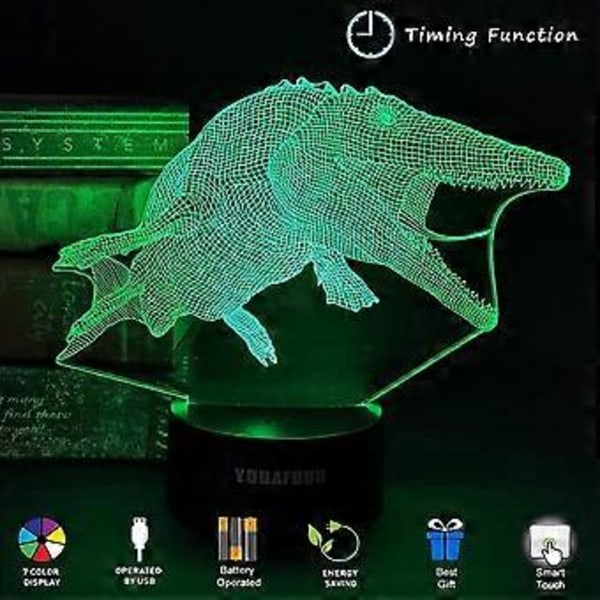 Mosasaurus Dinosaur Natlamper til Børn 3D Natlampe Sengelampe 7 Farver Skiftende med Fjernbetjening