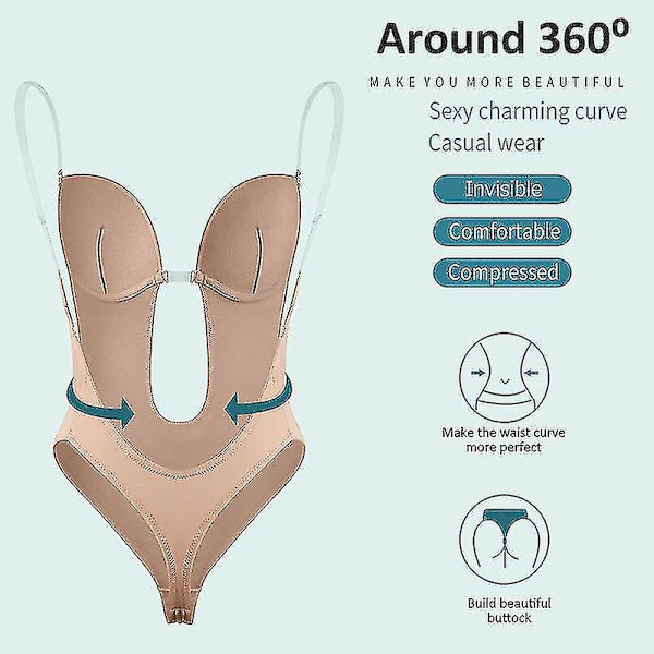 Kvinnors djup V-ringad body shaper, axelbandslös rygglös, body shapewear, u-ringad sömlös string full bodydräkter（XL）