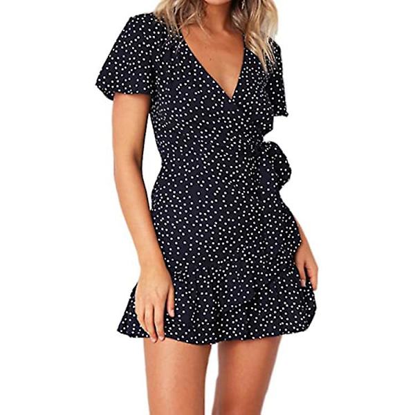 Sommerkjole til kvinder med korte ærmer og print, V-hals, casual korte kjoler (XXL Navy Blue)