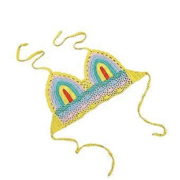 Dame Dyb V-hals Hæklet Halterneck Cropped Top Polstret Hæklet Badedragt Top, Håndlavet Halterneck Strandtop Farverig gul L(Farverig gul L) Colorful yellow L