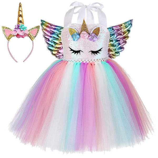 3 stk. Sequin Little Child Pony Kjole Unicorn Kjole Med Vinger Pandebånd（M(3-4Y)）