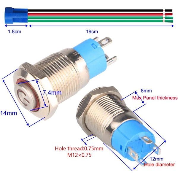 2-pakning 12mm 12V 24V 3A rustfritt stål selvlåsende trykknapp