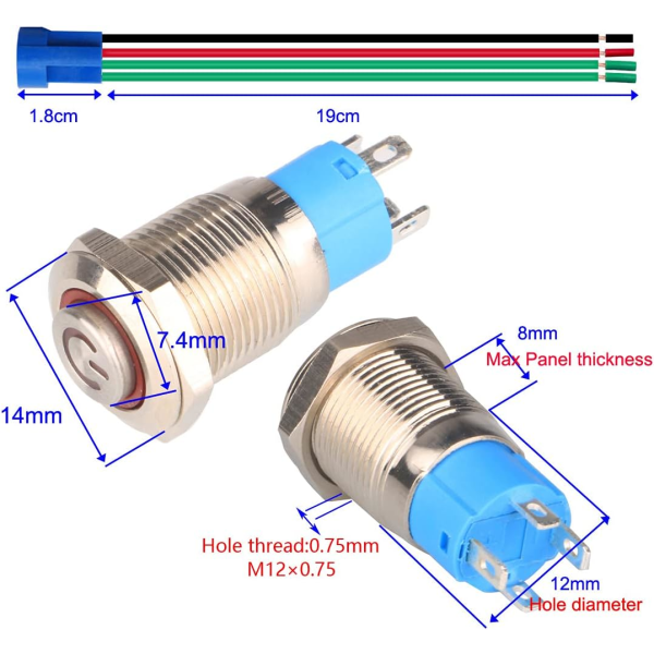 4-pack 12 mm rostfritt stål självlåsande tryckknappsbrytare 3V-5V