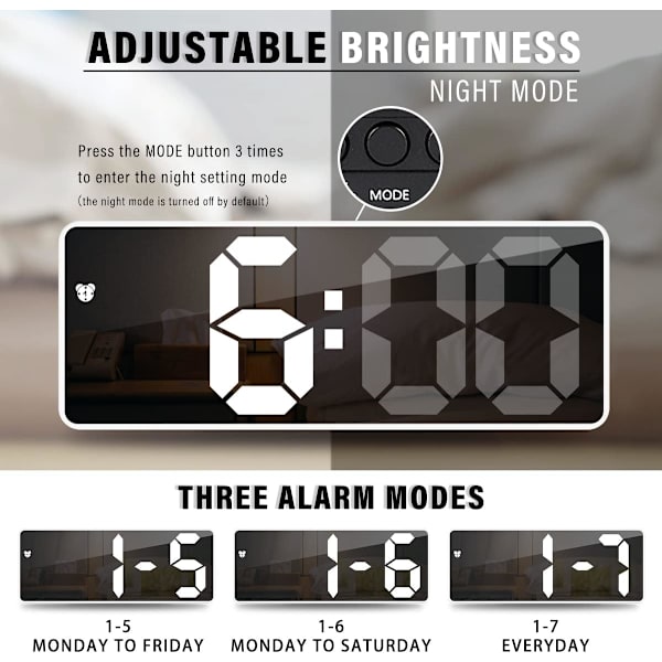 6,7\" LED-spejl Digitalt ur Sengebordsuret Morgen, Stemme