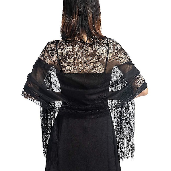 Ladiery Dam Floral Spets Sjal Sjal Med Tofs, Mjuk Mesh Frans Wraps För Bröllop Kväll Festklänningar（Stil 4）