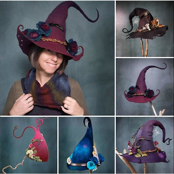 Heksehat i filt med håndlavede blomster til Halloween-kostume