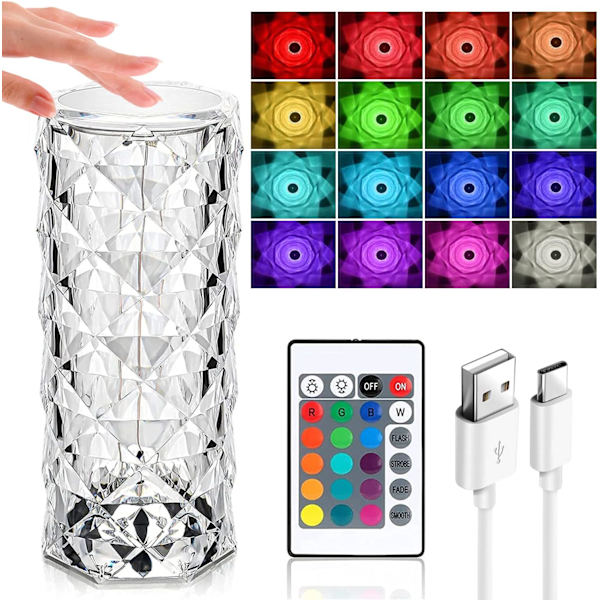 16 färger LED kristalllampa, RGB touch control rosa kristallbord