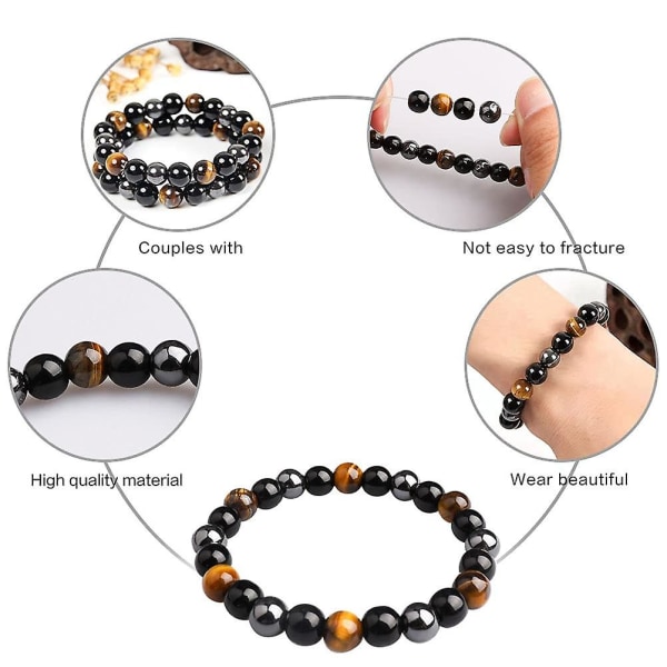 Tiger Eye Beads Armband, 2 st 8mm Trippelskydd Naturlig svart Obsidian Hematite Beads &amp; Tiger Eye Beads Armband unisex