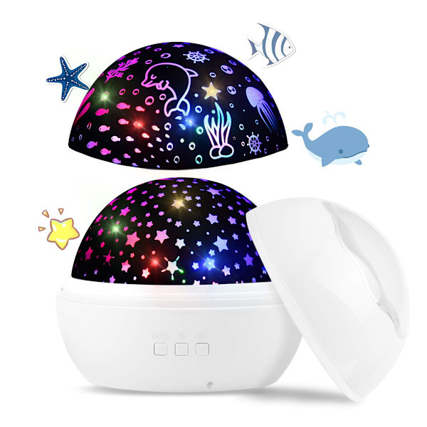 Stjernehimmel LED-projektor, baby nattlys, Ocean World 2 i 1 projeksjonslampe med USB-kabel (hvit)