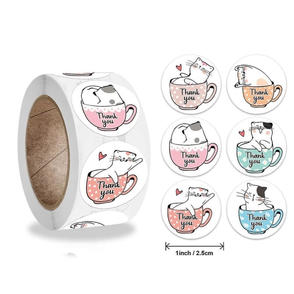 Kawaii Cat Tack-klistermärken Runda tecknade djur, självhäftande sigilletiketter för gratulationskort Handgjorda presentdekorationer
