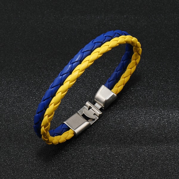 Blå gul patchwork ukrainsk flagga färg armband enkelt flätat läderarmband
