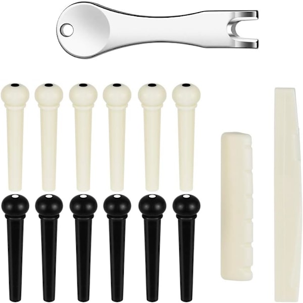15-pakning gitarbro-pinner, 12 plastgitarpinner + 1 pin-trekker