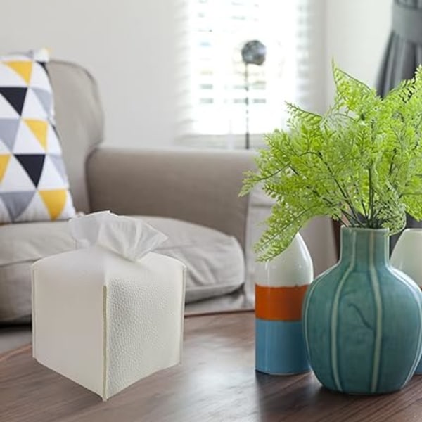 (Hvid) Tissue Box Cover, Moderne PU Læder Kvadratisk Tissue Box Hold