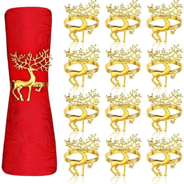 12 Pieces Christmas Reindeer Napkin Rings, 6CM Gold Elk Napkin Ho