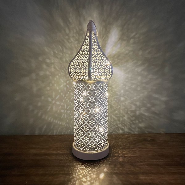 Marockansk vit ihålig LED-vindlampa, järnlykta, sovrum, vardagsrum, atmosfär, dekorativa lampor prydnader (liten storlek 27,2 cm hög)