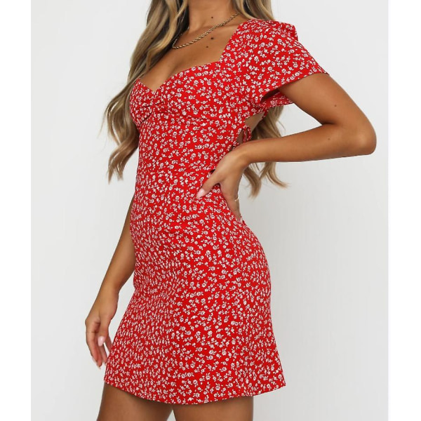 Ohpa blommiga korta damklänningar med V-ringad korta klänningar (L Röda)