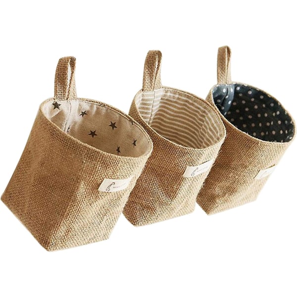 3 Pcs Retro Hanging Storage Bag Small, Cotton and Linen Foldable