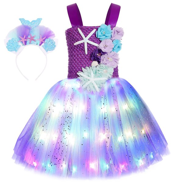 Prinsesse Tutu Piger Led Lys Op Havfrue Prinsesse Kjole Fødselsdag Outfit Til Halloween Kostume（XL(7-8Y) Lilla）