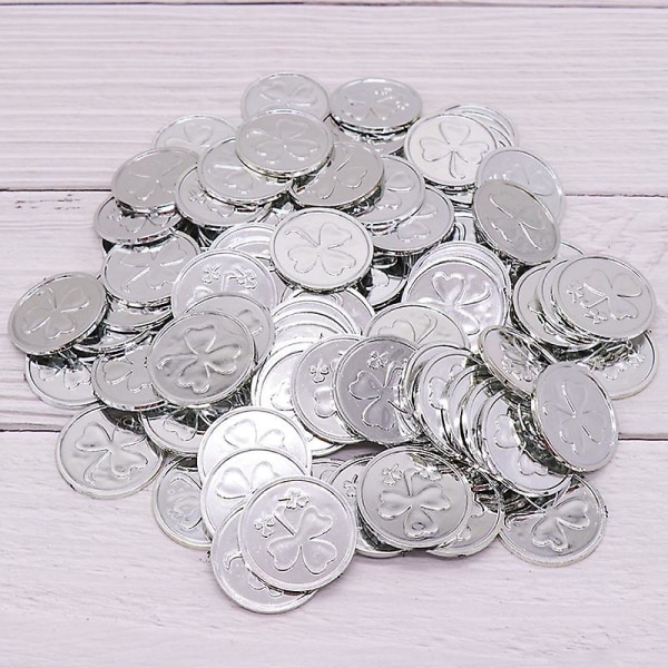 100 st St. Patrick's Day Shamrock Coins, Shining Lucky Plastic Coin 4-blad klöver Irish St. Patrick's Day Coins (silver)
