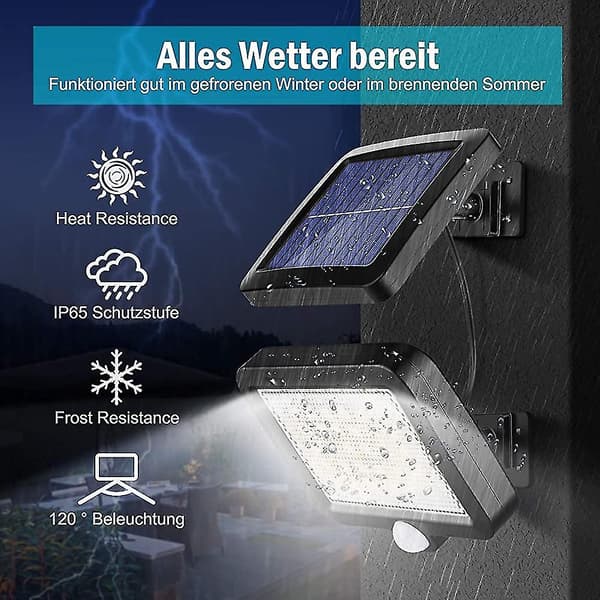 Utendørs solcellelys med bevegelsessensor 56 LED, 120° IP65 vanntett solcelle