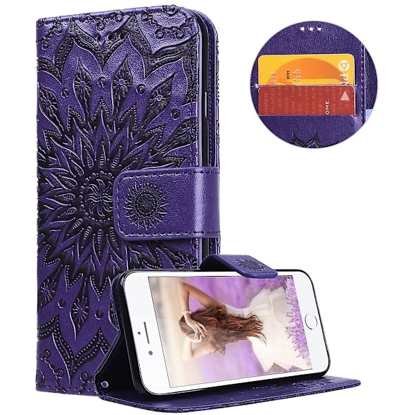 Fodral i PU-läder till iPhone 7/8 med plånboksfunktion, blommigt flipfodral med magnetlås, kortfack, stativfunktion, premium stötsäkert, heltäckande skyddande fodral, solros