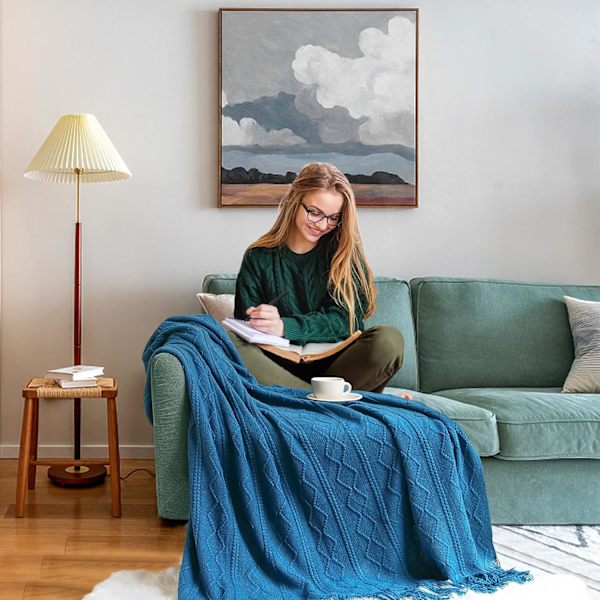 Helårs soffa filt - Blå 130 x 230 cm - Stickad Pom Pom