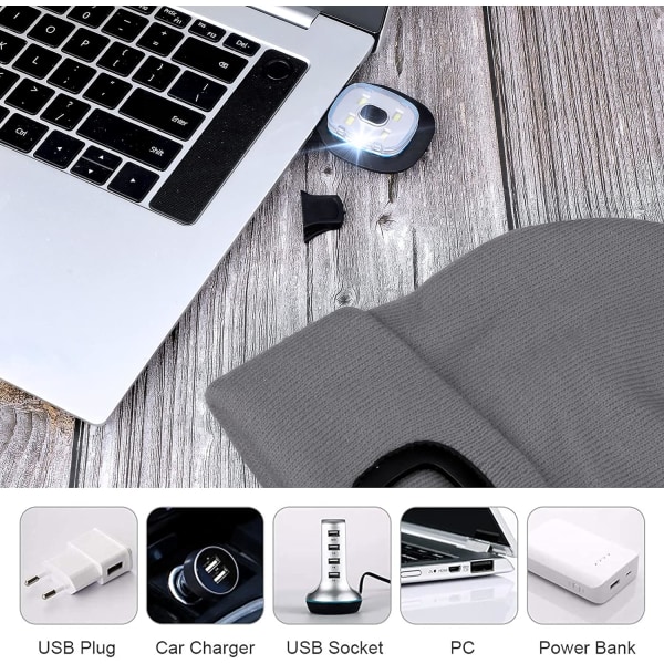 LED mössa mössa med ljus för män kvinnor, USB uppladdningsbar stickad