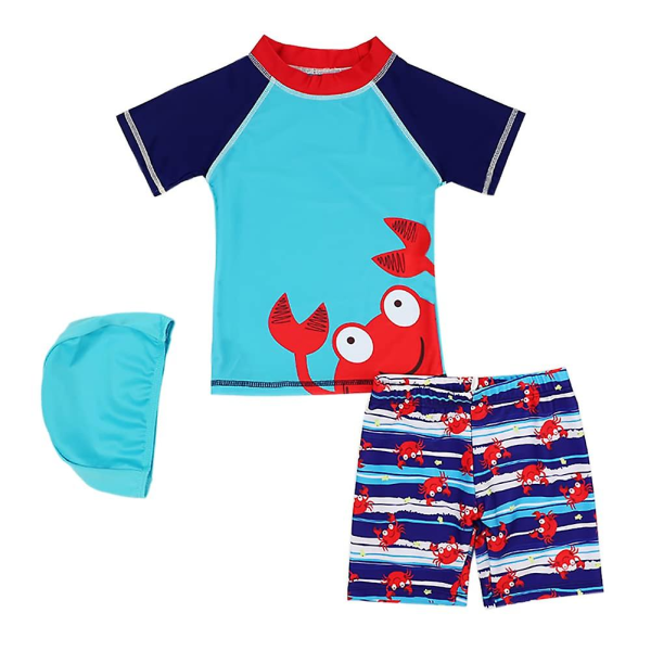 Toddler Pojkar Rashguard med cap Söt tecknad krabba tonårsbadkläder Två delar Beach