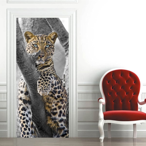 Leopard öppen spis 3D-effekt Dörrdekal (77x200cm), PVC-interiör