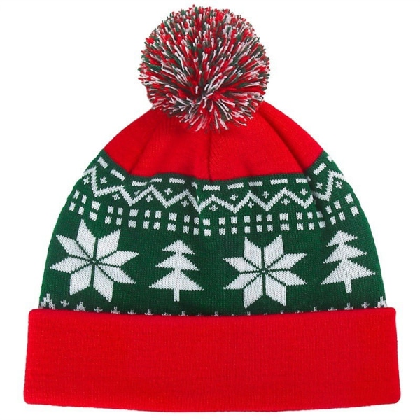 Varm julhatt - Röd och Grön, Vuxen Snowflake Wool Hat, Kni