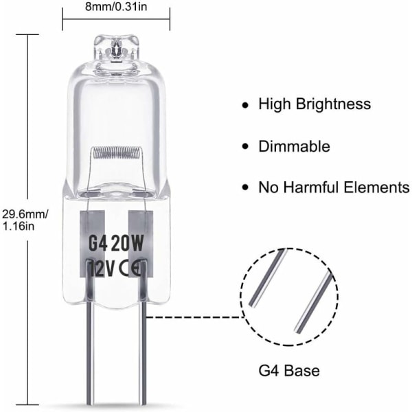 10-pack halogenlampor G4, 12V 20W, varmvit 3000K, 350LM, Di