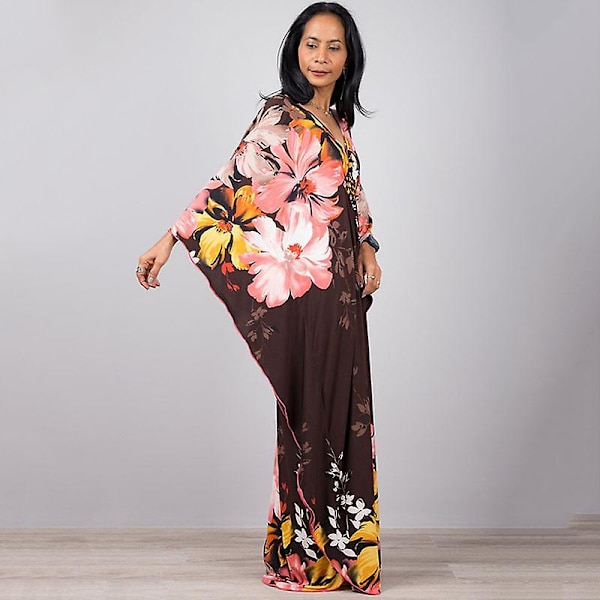Kvinnors tryckta maxiklänning fladdermusärm strandklänning plus size solklänning strandkläder kaftan cover-ups Dn0506