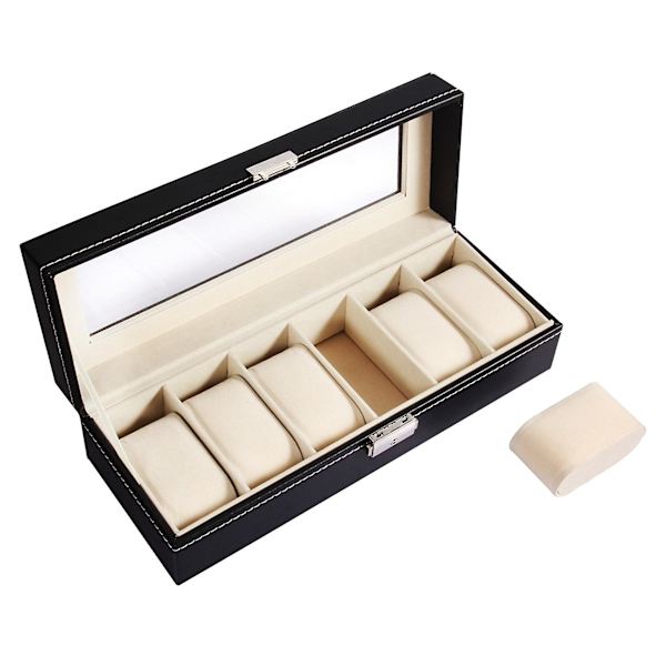6 Slot Watch Box Läder Display Case Organizer Top Glas Smycken Förvaring Svart