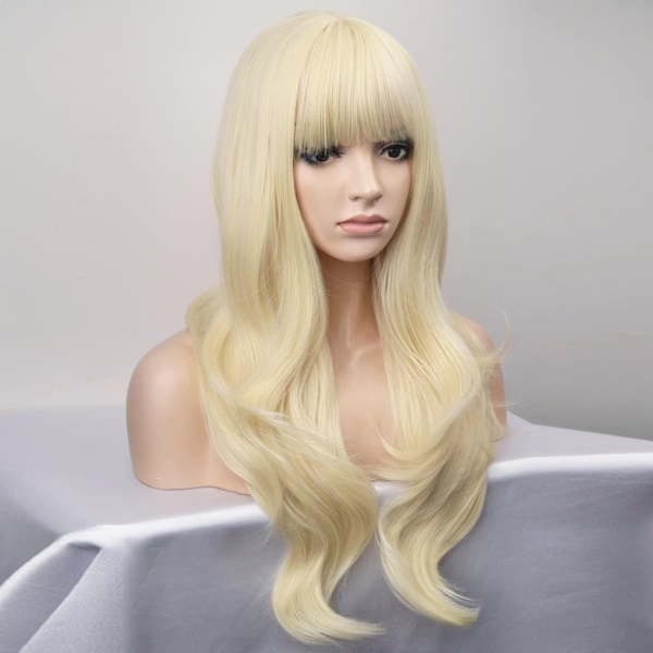 Dame lang blond krøllet hår cosplay paryk med pandehår