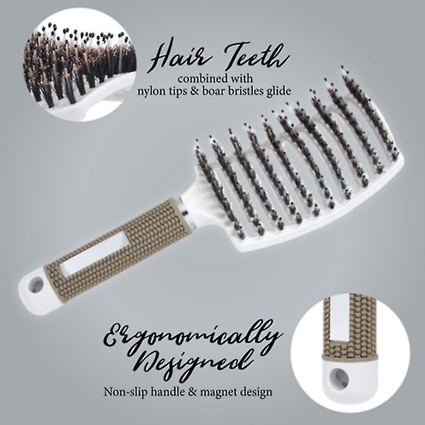 Avtrasslande nylon Borsteborste för hårborste för kvinnor, hårmassage, hårborste, kamborste（Vit）