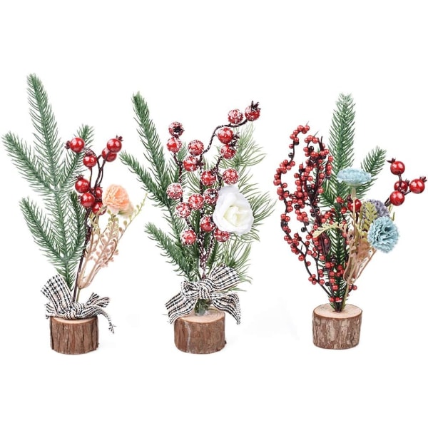 3 sæt 25 cm kunstige mini juletræer, små ornamenter f
