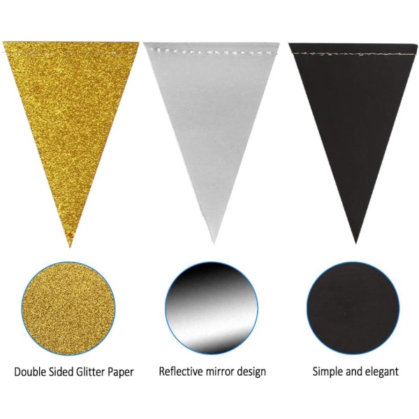 4 stk. 12M dobbeltsidet glitterpapir trekantflag, sort og guld